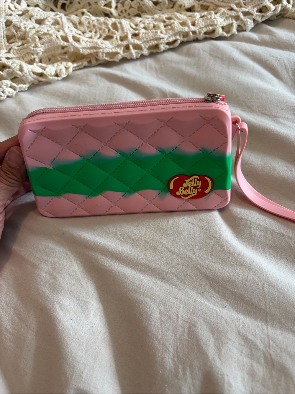Jelly Belly Pink & Green Rubber Wristlet